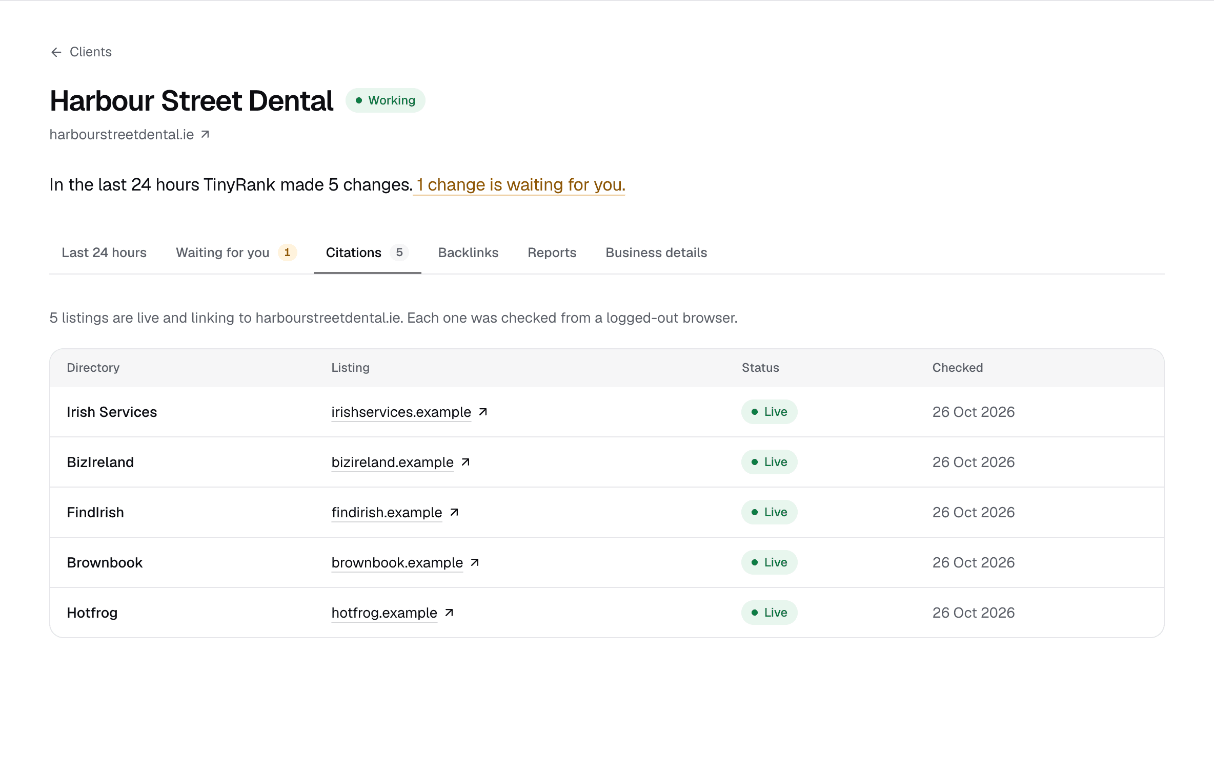 The TinyRank client page for an invented dental clinic, showing the last 24 hours of changes with their old and new values.